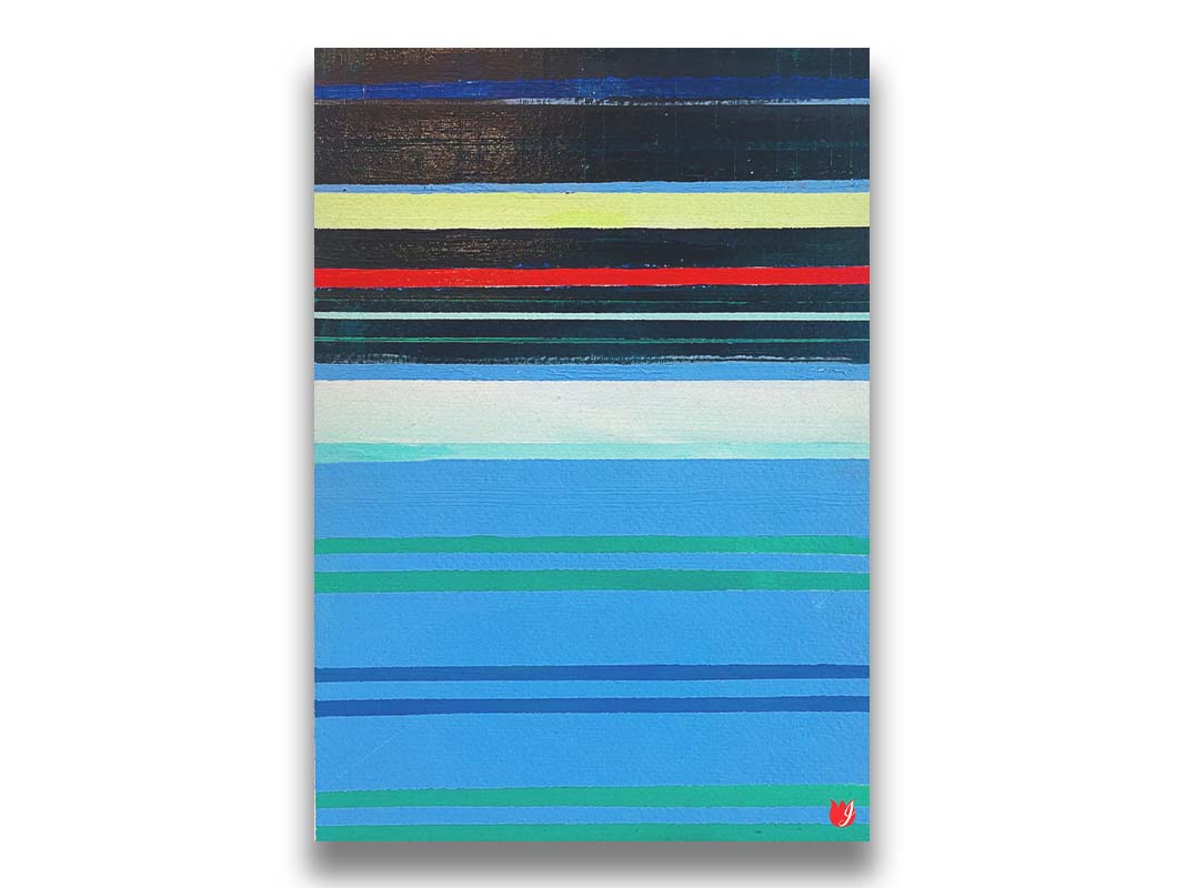 A painting of horizontal strpes in blues, greens, and blacks accented with yellow, red, and white. Printed on canvas.