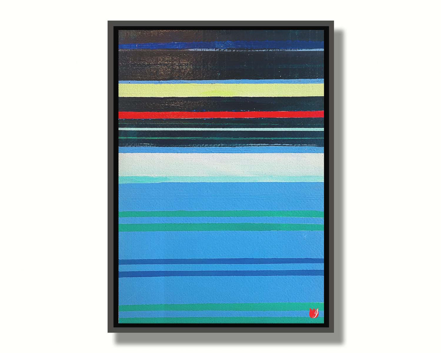 A painting of horizontal strpes in blues, greens, and blacks accented with yellow, red, and white. Printed on canvas in a float frame.