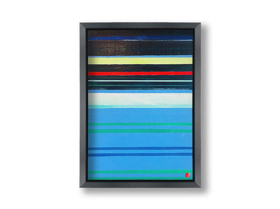 A painting of horizontal strpes in blues, greens, and blacks accented with yellow, red, and white. Printed on canvas and framed.