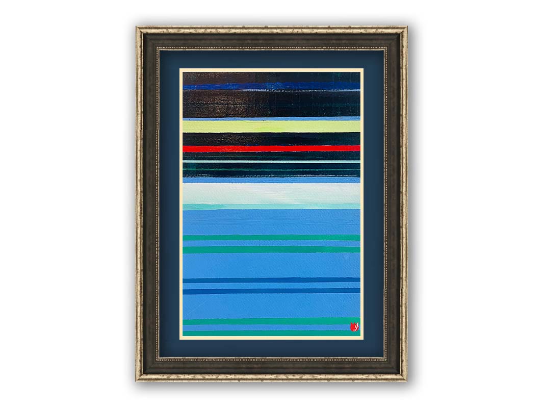 A painting of horizontal strpes in blues, greens, and blacks accented with yellow, red, and white. Printed on paper, matted, and framed.