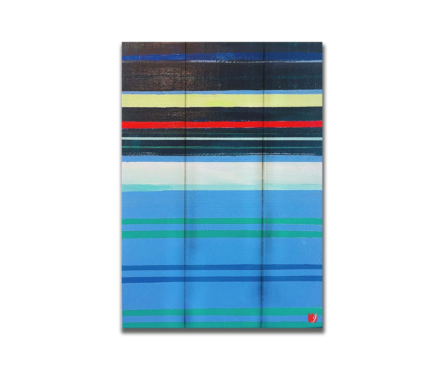 A painting of horizontal strpes in blues, greens, and blacks accented with yellow, red, and white. Printed on a box board.