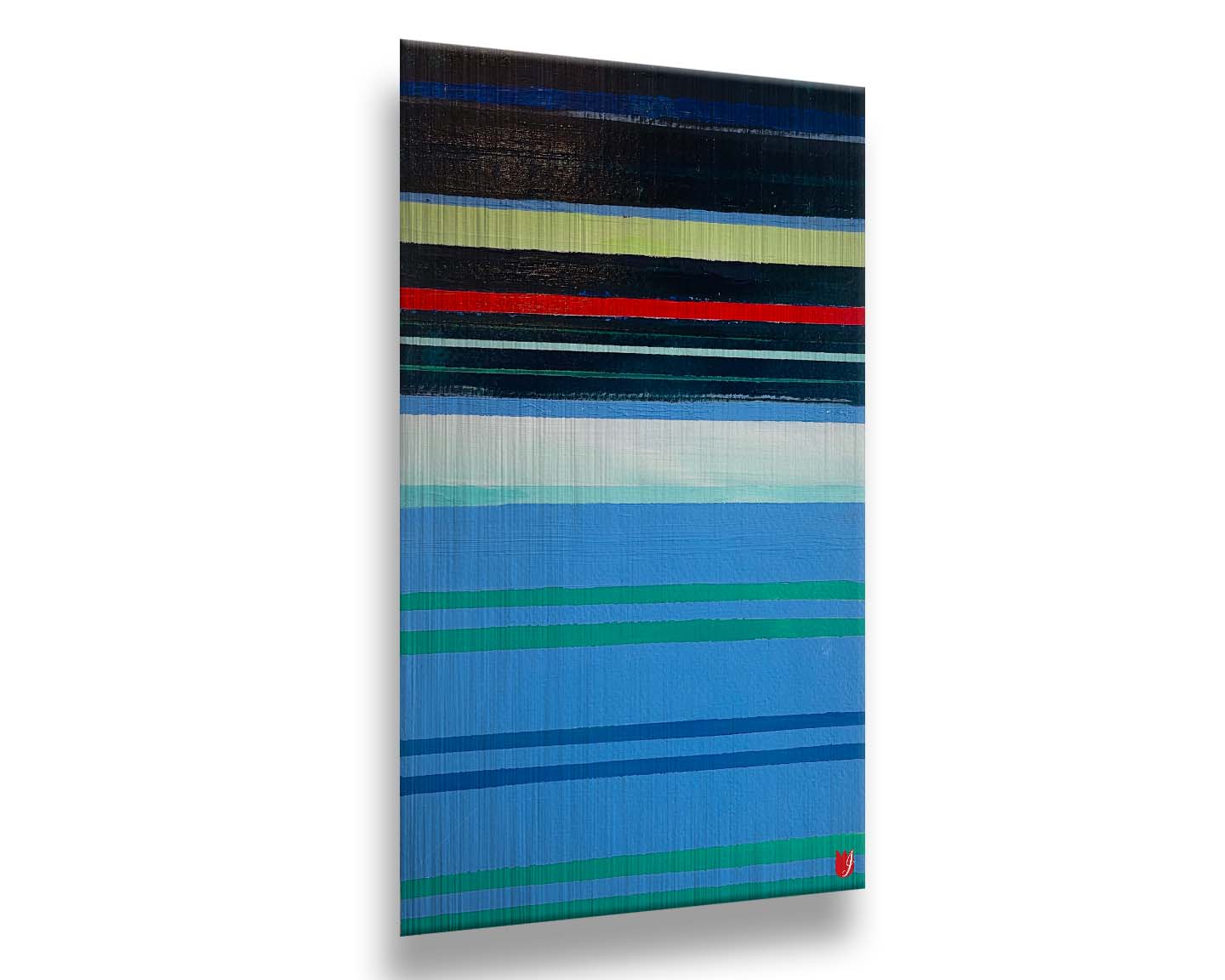 A painting of horizontal strpes in blues, greens, and blacks accented with yellow, red, and white. Printed on metal.