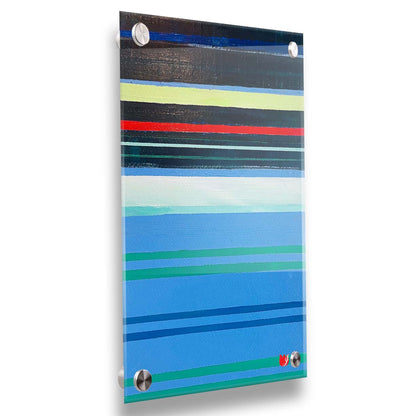 A painting of horizontal strpes in blues, greens, and blacks accented with yellow, red, and white. Printed on acrylic.