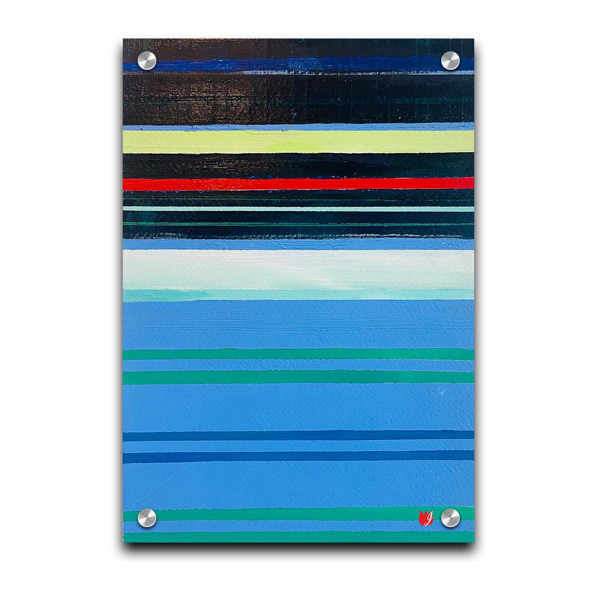 A painting of horizontal strpes in blues, greens, and blacks accented with yellow, red, and white. Printed on acrylic.