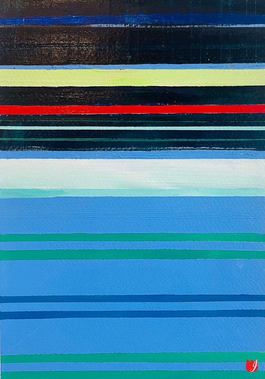 A painting of horizontal stripes in blues, greens, and blacks accented with yellow, red, and white.