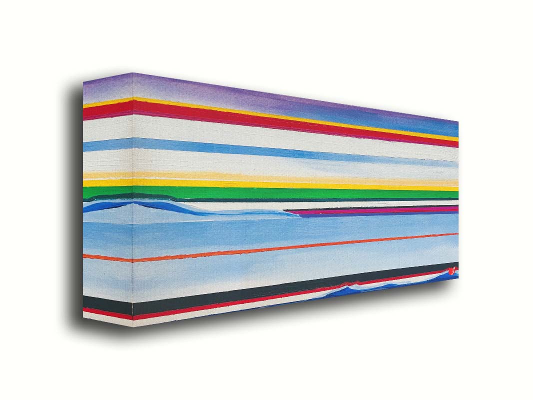 A painting of colorful horizontal stripes in blue, yellow, red, green, and white. Printed on canvas.