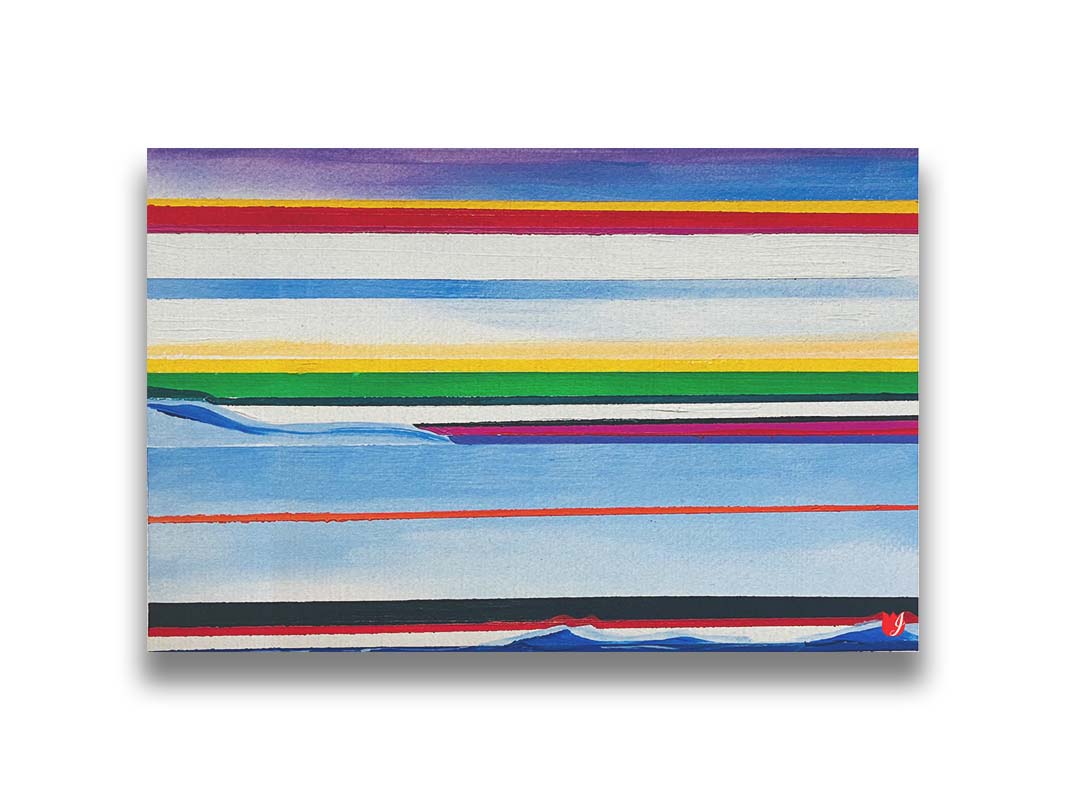 A painting of colorful horizontal stripes in blue, yellow, red, green, and white. Printed on canvas.