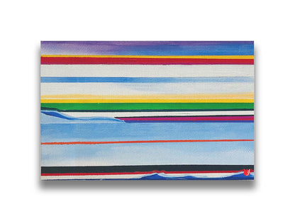 A painting of colorful horizontal stripes in blue, yellow, red, green, and white. Printed on canvas.