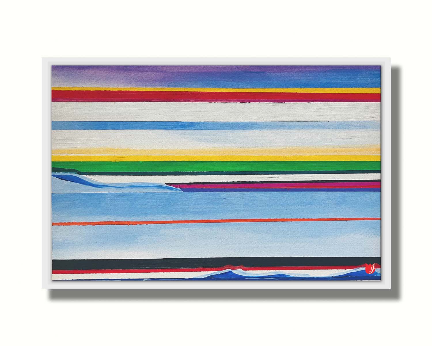 A painting of colorful horizontal stripes in blue, yellow, red, green, and white. Printed on canvas in a float frame.