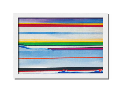 A painting of colorful horizontal stripes in blue, yellow, red, green, and white. Printed on canvas and framed.