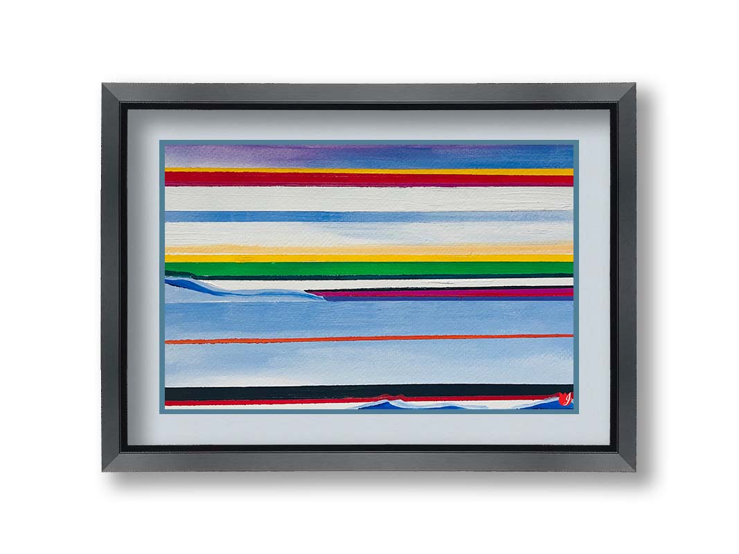 A painting of colorful horizontal stripes in blue, yellow, red, green, and white. Printed on paper, matted, and framed.