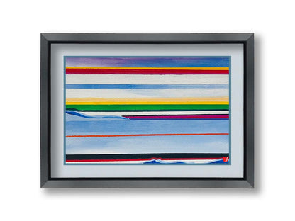 A painting of colorful horizontal stripes in blue, yellow, red, green, and white. Printed on paper, matted, and framed.