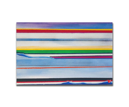 A painting of colorful horizontal stripes in blue, yellow, red, green, and white. Printed on a box board.