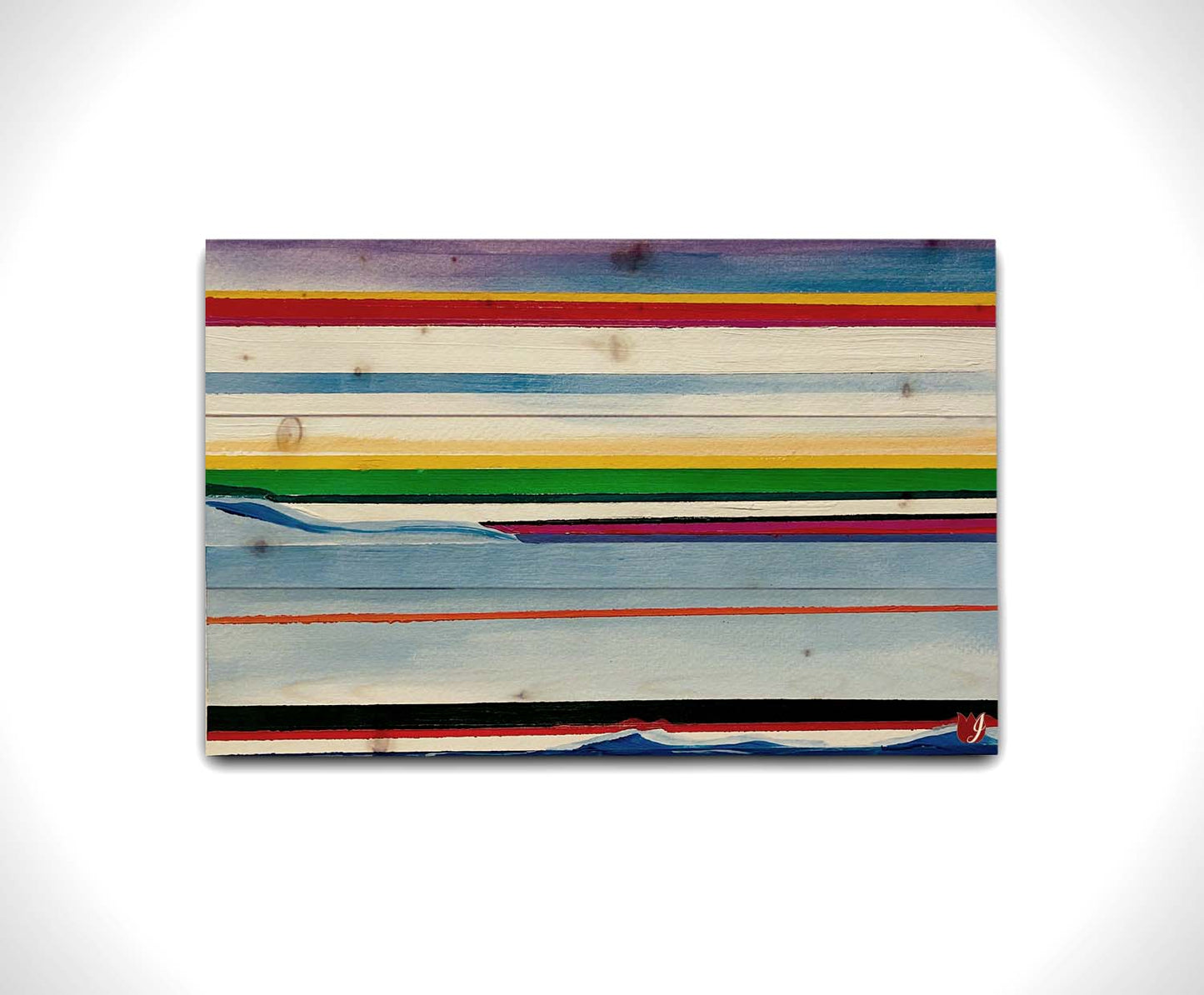 A painting of colorful horizontal stripes in blue, yellow, red, green, and white. Printed on a wood pallet.