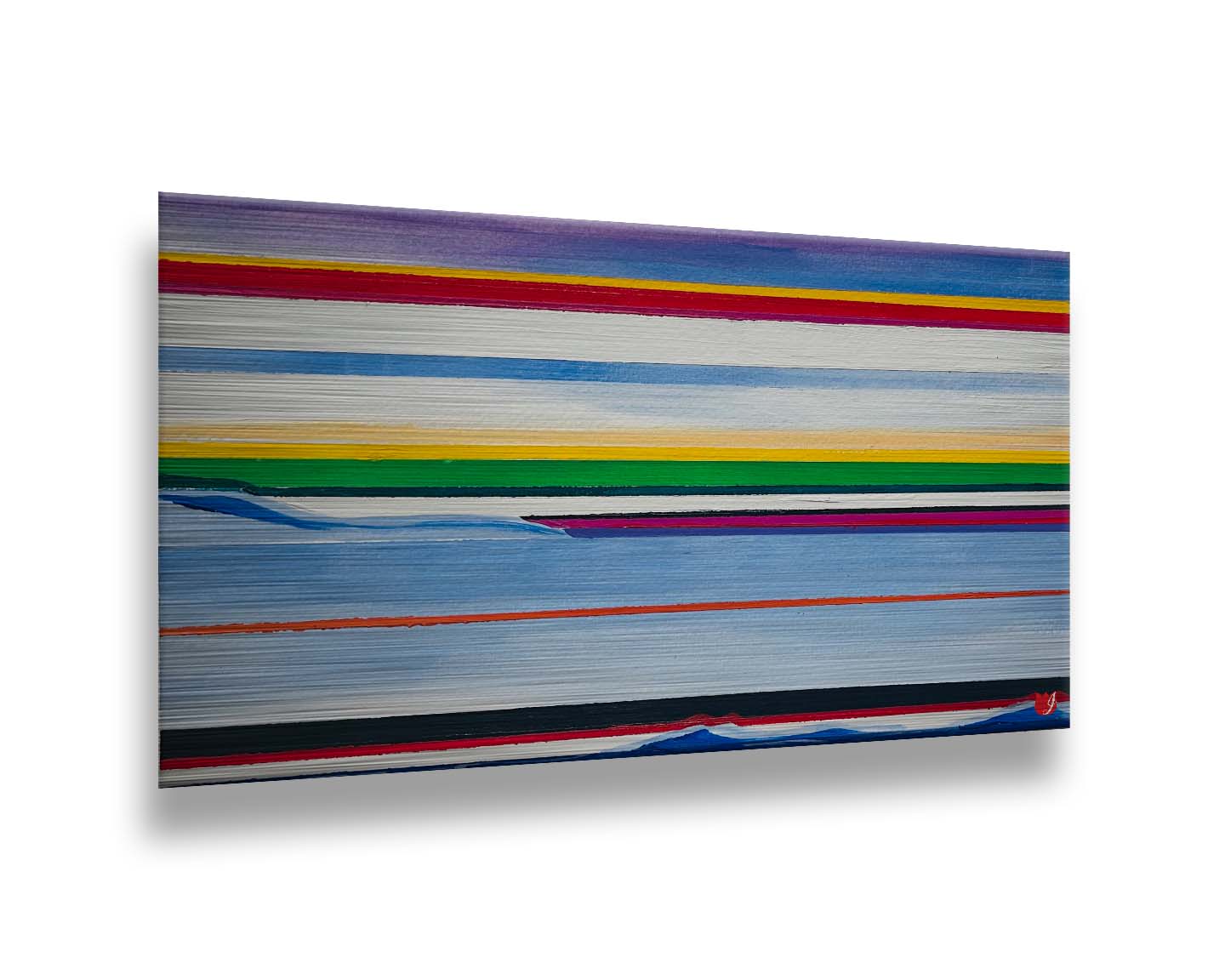 A painting of colorful horizontal stripes in blue, yellow, red, green, and white. Printed on metal.