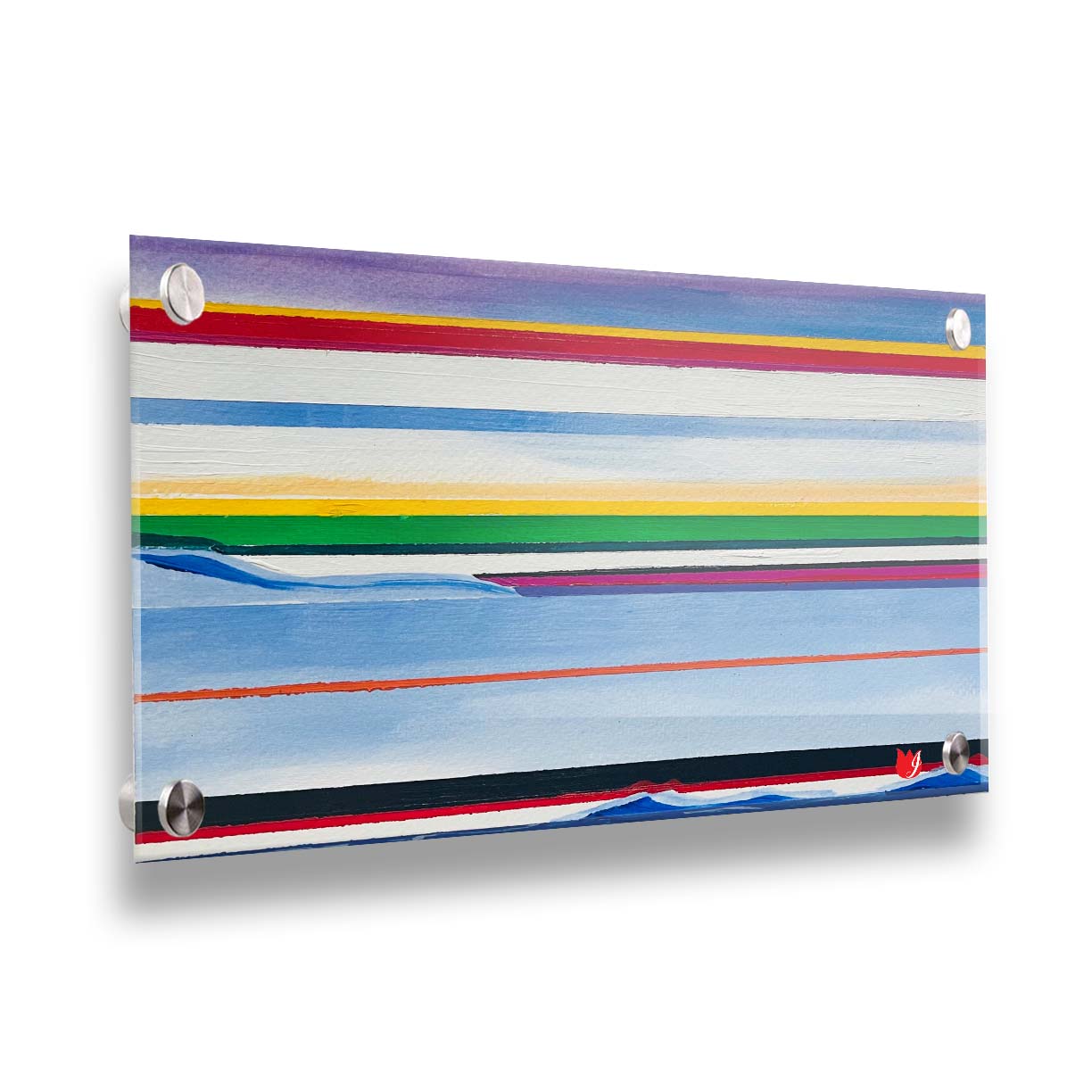 A painting of colorful horizontal stripes in blue, yellow, red, green, and white. Printed on acrylic.