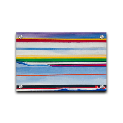 A painting of colorful horizontal stripes in blue, yellow, red, green, and white. Printed on acrylic.