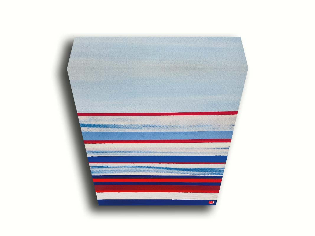 A painting of horizontal stripes in red, white, and blue representative of the United States of America's national flag. Printed on canvas.