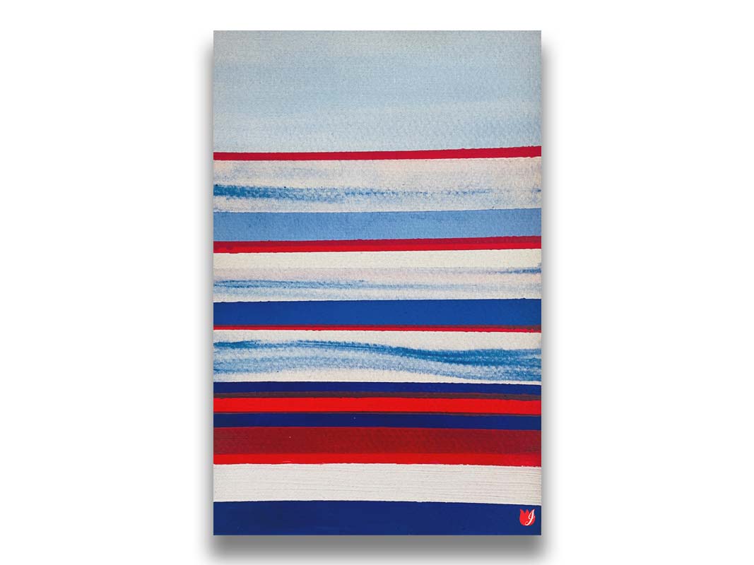 A painting of horizontal stripes in red, white, and blue representative of the United States of America's national flag. Printed on canvas.