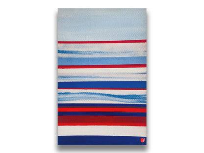 A painting of horizontal stripes in red, white, and blue representative of the United States of America's national flag. Printed on canvas.