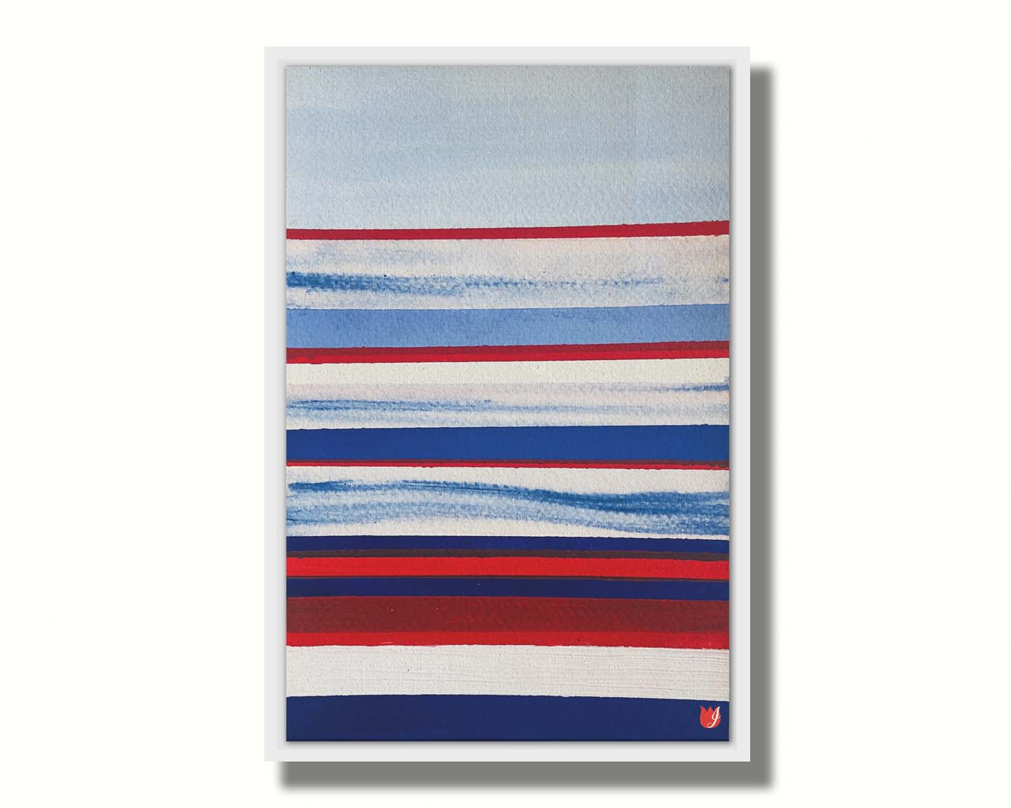 A painting of horizontal stripes in red, white, and blue representative of the United States of America's national flag. Printed on canvas in a float frame.