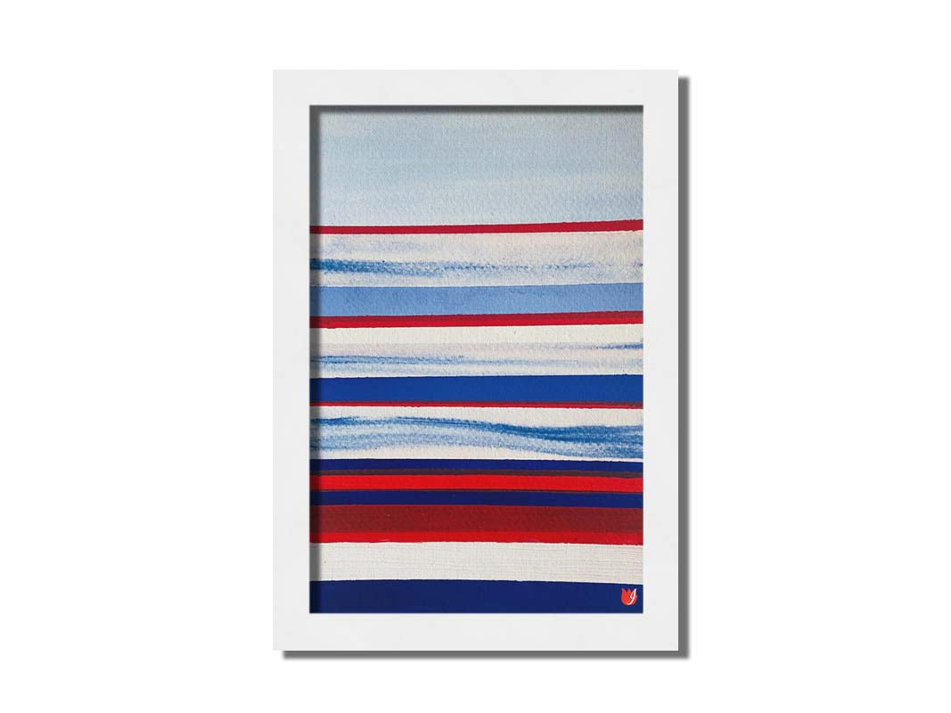 A painting of horizontal stripes in red, white, and blue representative of the United States of America's national flag. Printed on canvas and framed.