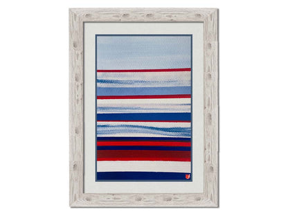 A painting of horizontal stripes in red, white, and blue representative of the United States of America's national flag. Printed on paper, matted, and framed.