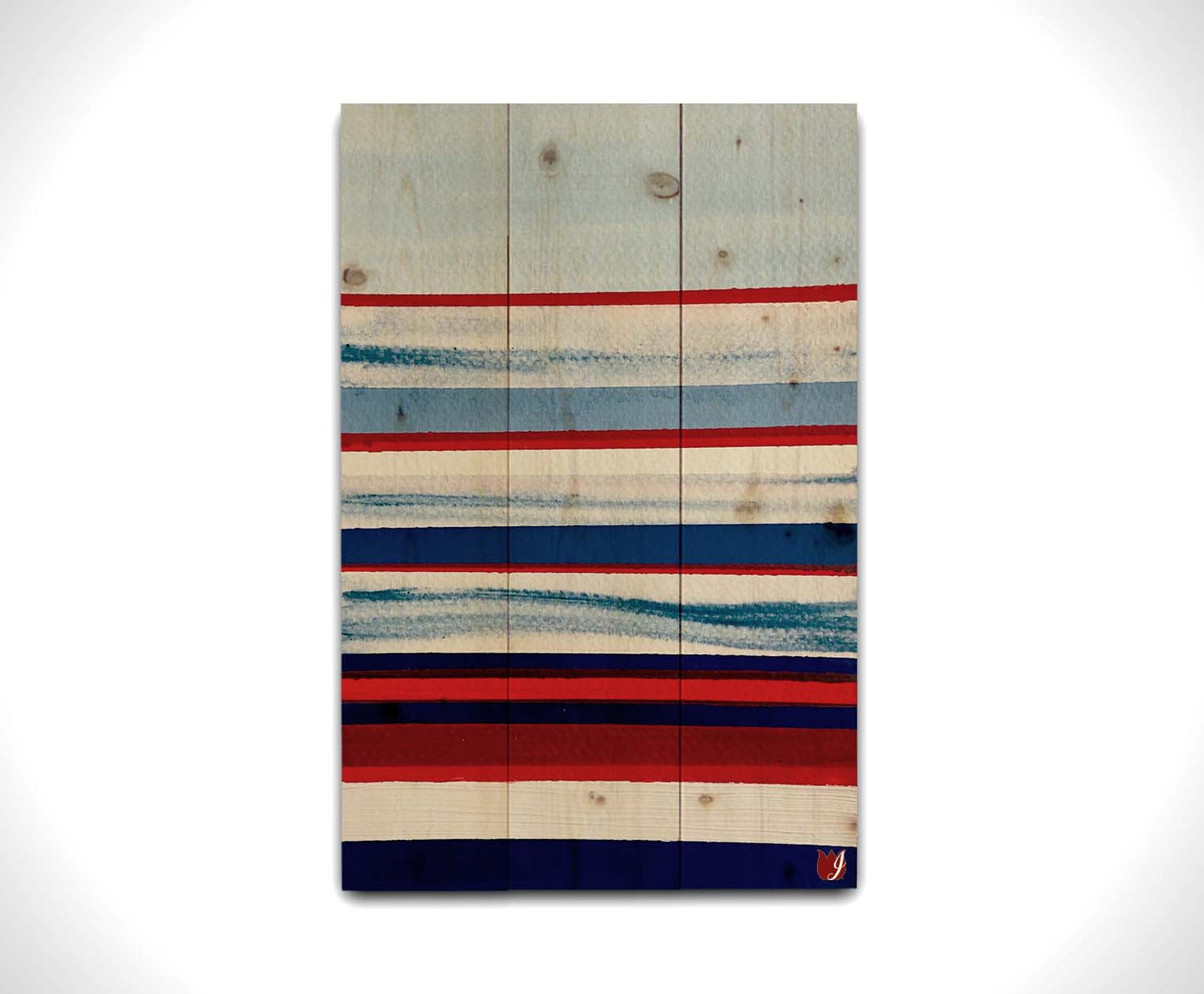 A painting of horizontal stripes in red, white, and blue representative of the United States of America's national flag. Printed on a wood pallet.