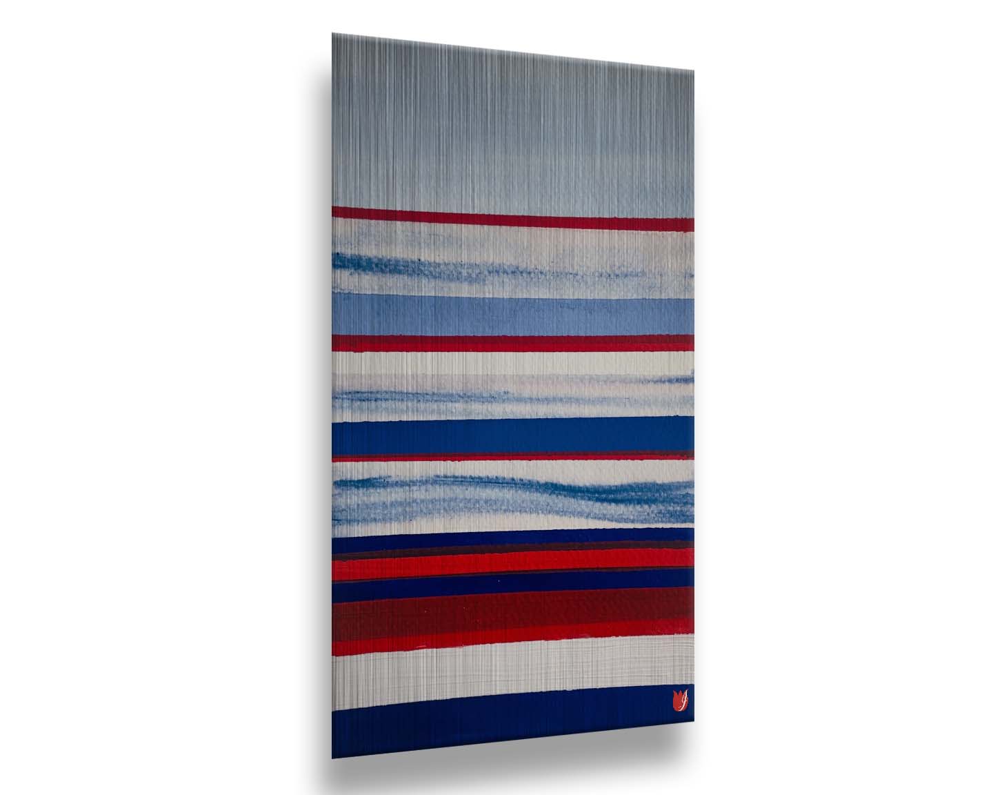 A painting of horizontal stripes in red, white, and blue representative of the United States of America's national flag. Printed on metal.