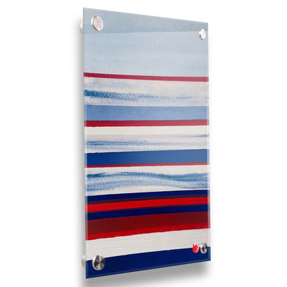 A painting of horizontal stripes in red, white, and blue representative of the United States of America's national flag. Printed on acrylic.