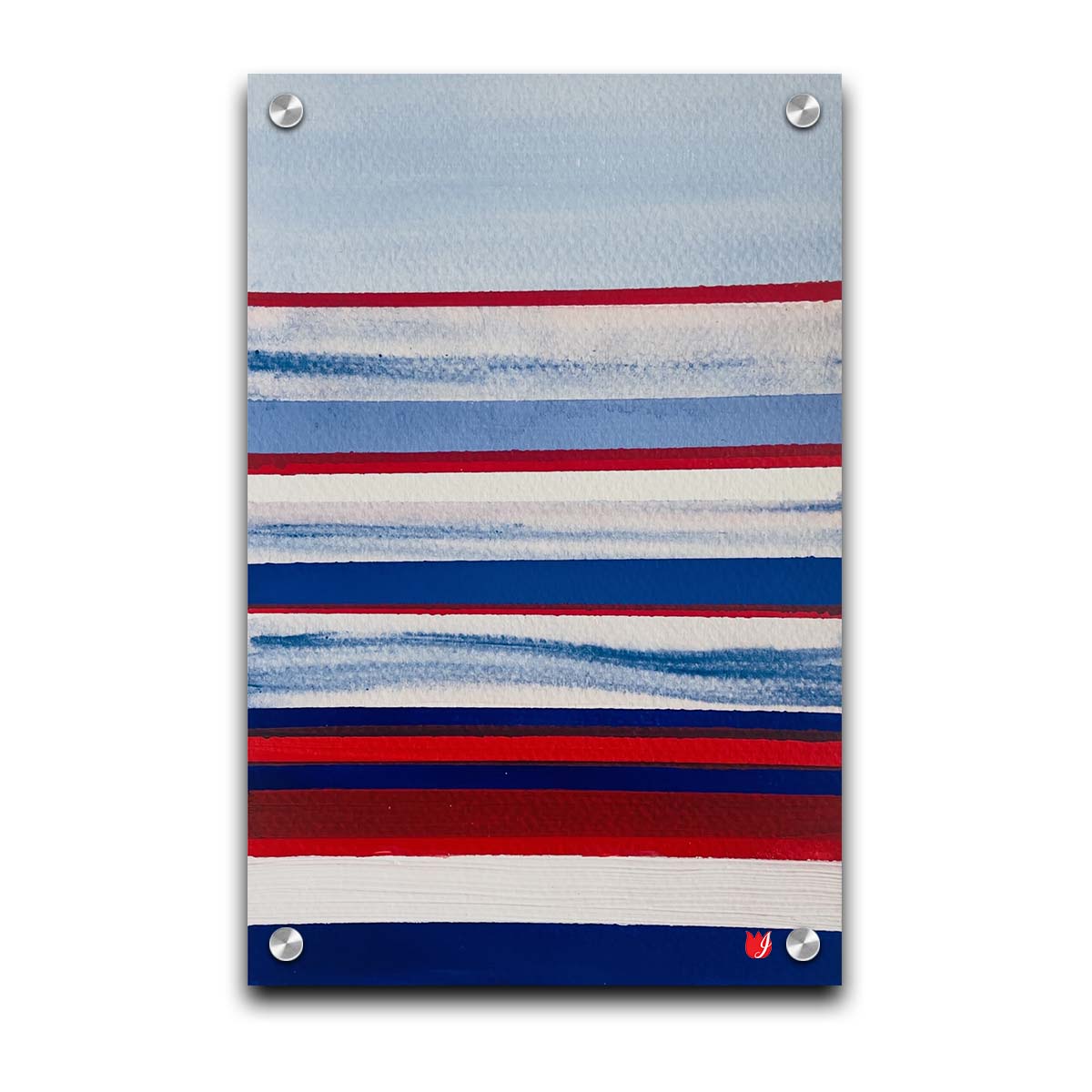 A painting of horizontal stripes in red, white, and blue representative of the United States of America's national flag. Printed on acrylic.