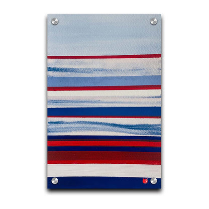 A painting of horizontal stripes in red, white, and blue representative of the United States of America's national flag. Printed on acrylic.