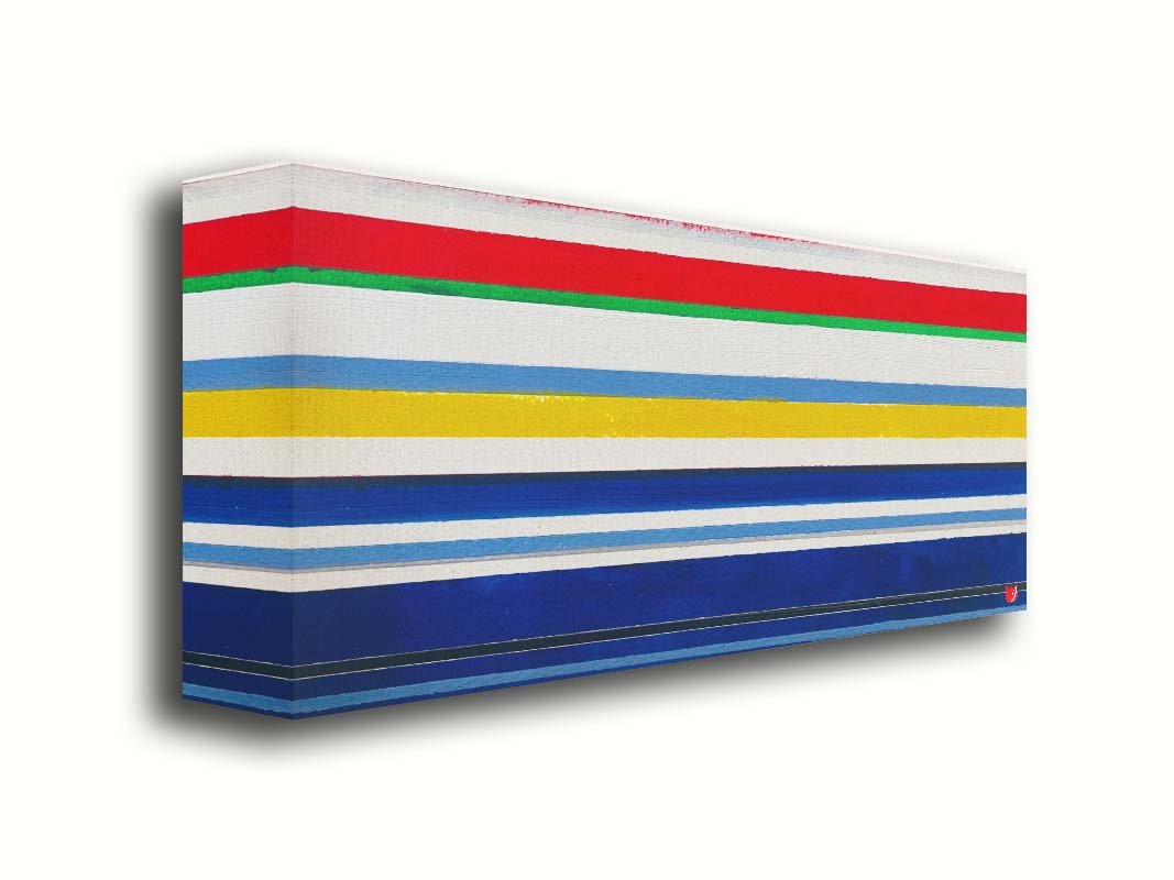 A painting of white, blue, red, yellow, and green stripes that envoke a nautical feeling. Printed on canvas.