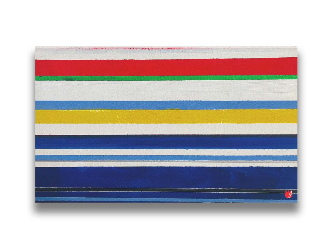 A painting of white, blue, red, yellow, and green stripes that envoke a nautical feeling. Printed on canvas.