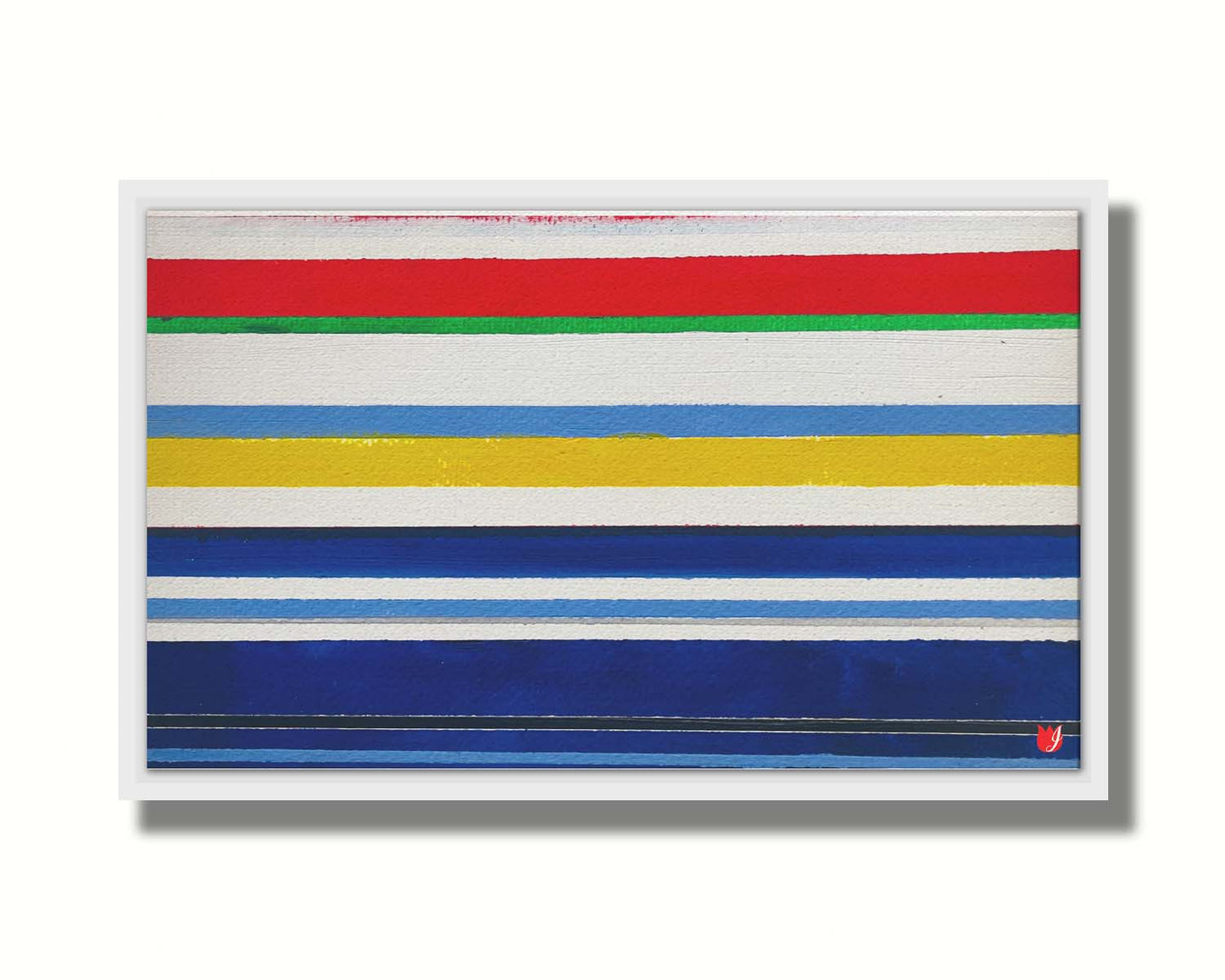 A painting of white, blue, red, yellow, and green stripes that envoke a nautical feeling. Printed on canvas in a float frame.