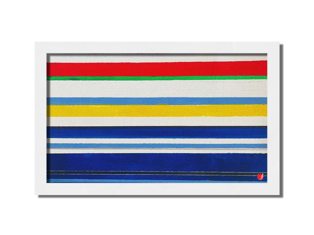 A painting of white, blue, red, yellow, and green stripes that envoke a nautical feeling. Printed on canvas and framed.