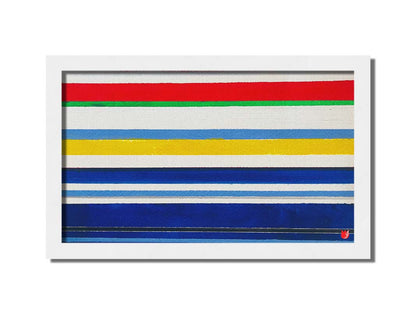 A painting of white, blue, red, yellow, and green stripes that envoke a nautical feeling. Printed on canvas and framed.