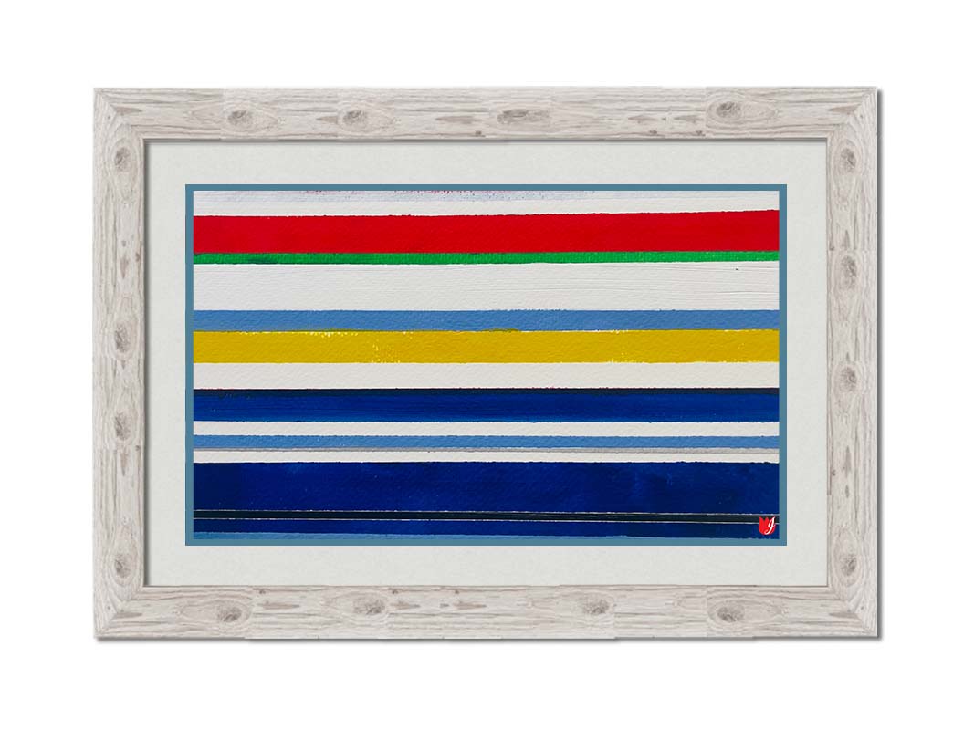 A painting of white, blue, red, yellow, and green stripes that envoke a nautical feeling. Printed on paper, matted, and framed.