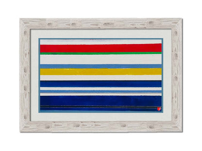 A painting of white, blue, red, yellow, and green stripes that envoke a nautical feeling. Printed on paper, matted, and framed.