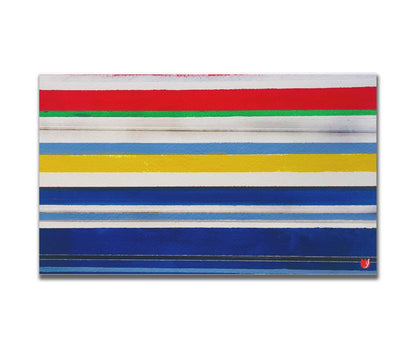 A painting of white, blue, red, yellow, and green stripes that envoke a nautical feeling. Printed on a box board.