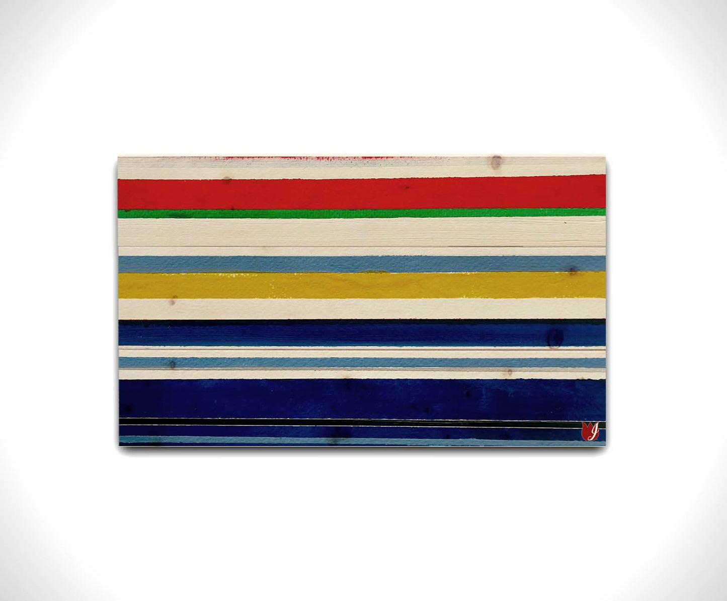 A painting of white, blue, red, yellow, and green stripes that envoke a nautical feeling. Printed on a wood pallet.