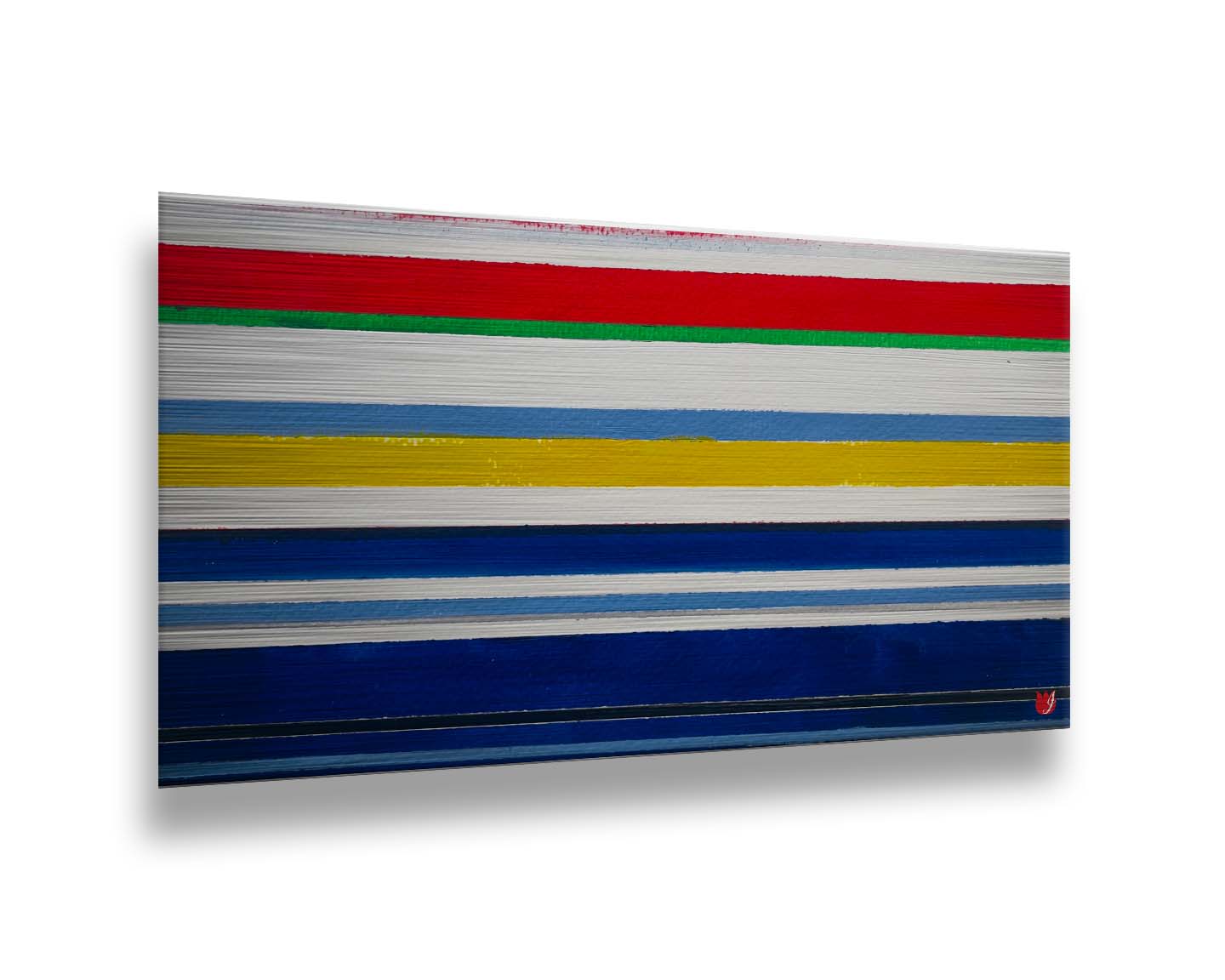 A painting of white, blue, red, yellow, and green stripes that envoke a nautical feeling. Printed on metal.