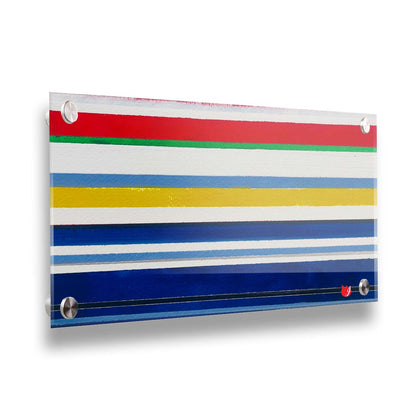 A painting of white, blue, red, yellow, and green stripes that envoke a nautical feeling. Printed on acrylic.