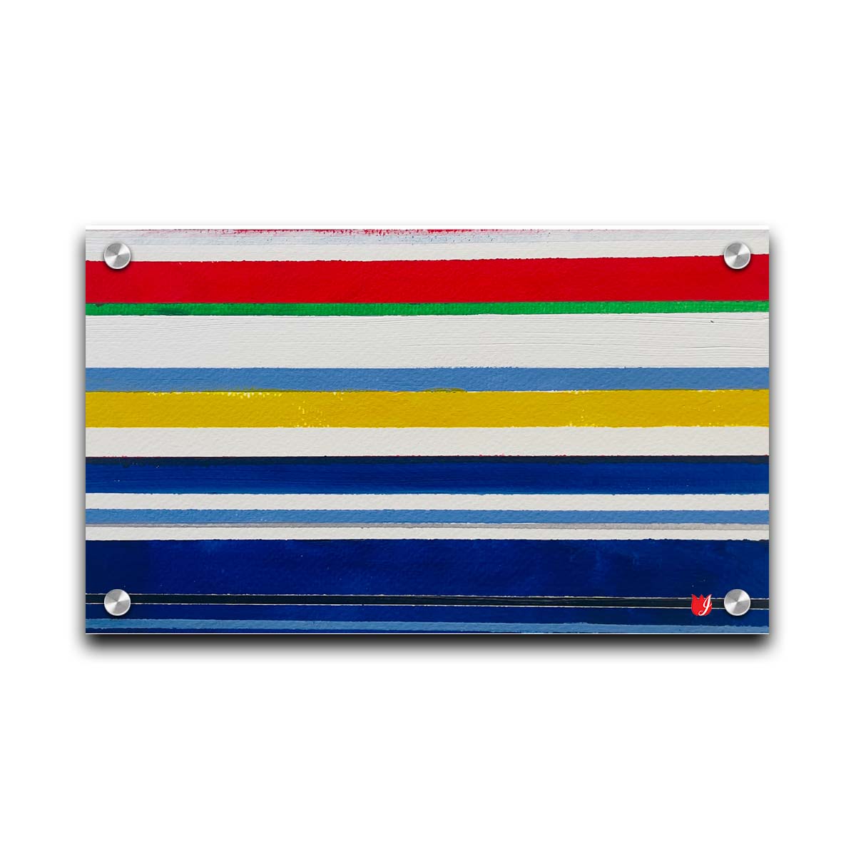 A painting of white, blue, red, yellow, and green stripes that envoke a nautical feeling. Printed on acrylic.