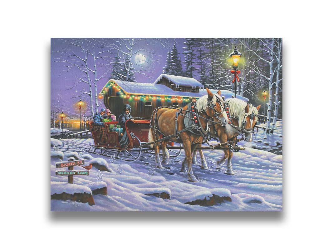 A painting of a horse-drawn sleigh, bringing people through a snowy landscape. They pass buildings around a lake decorated with Christmas lights, and their path is lit by street lamps. Printed on canvas.