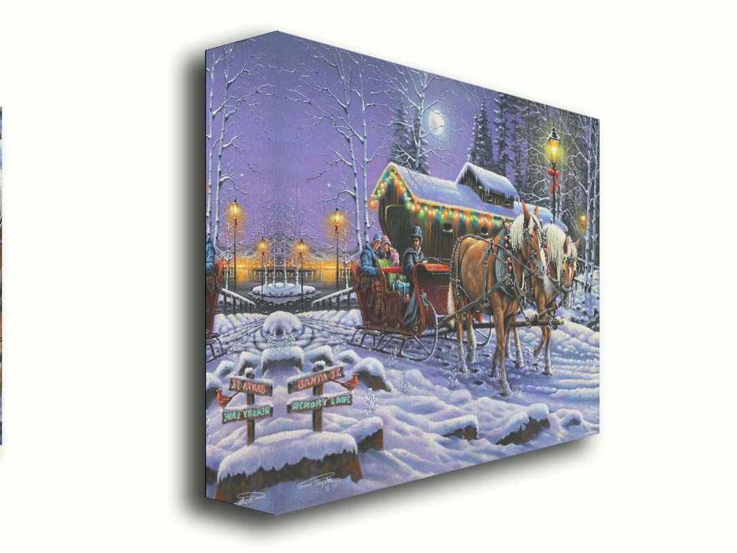 A painting of a horse-drawn sleigh, bringing people through a snowy landscape. They pass buildings around a lake decorated with Christmas lights, and their path is lit by street lamps. Printed on canvas.