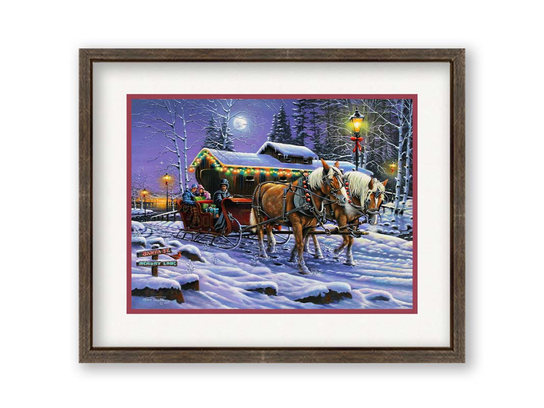 A painting of a horse-drawn sleigh, bringing people through a snowy landscape. They pass buildings around a lake decorated with Christmas lights, and their path is lit by street lamps. Printed on paper, matted, and framed.