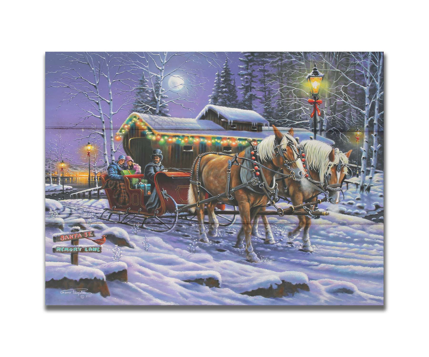 A painting of a horse-drawn sleigh, bringing people through a snowy landscape. They pass buildings around a lake decorated with Christmas lights, and their path is lit by street lamps. Printed on a box board.