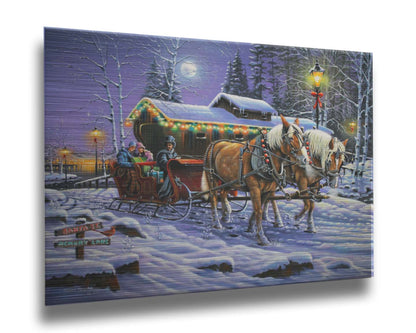 A painting of a horse-drawn sleigh, bringing people through a snowy landscape. They pass buildings around a lake decorated with Christmas lights, and their path is lit by street lamps. Printed on metal.