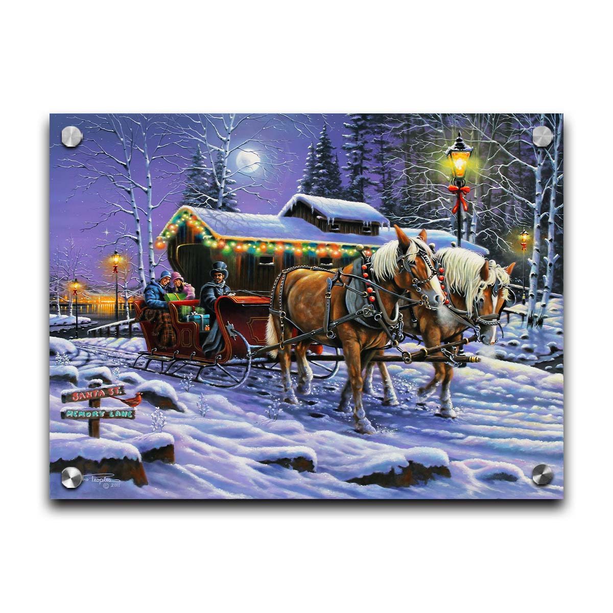 A painting of a horse-drawn sleigh, bringing people through a snowy landscape. They pass buildings around a lake decorated with Christmas lights, and their path is lit by street lamps. Printed on acrylic.